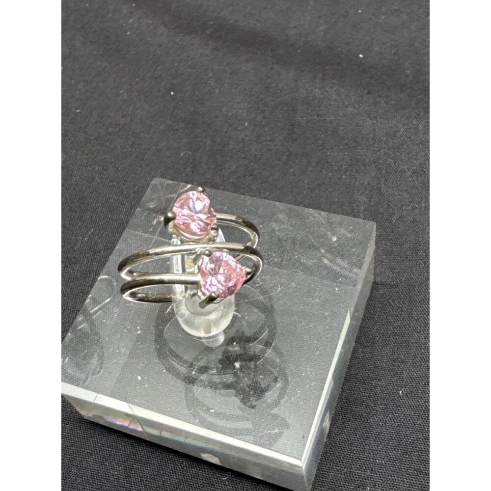 Silver Double Band Ring With Pink Heart-Shaped Stones Size 7 Elegant & Romantic